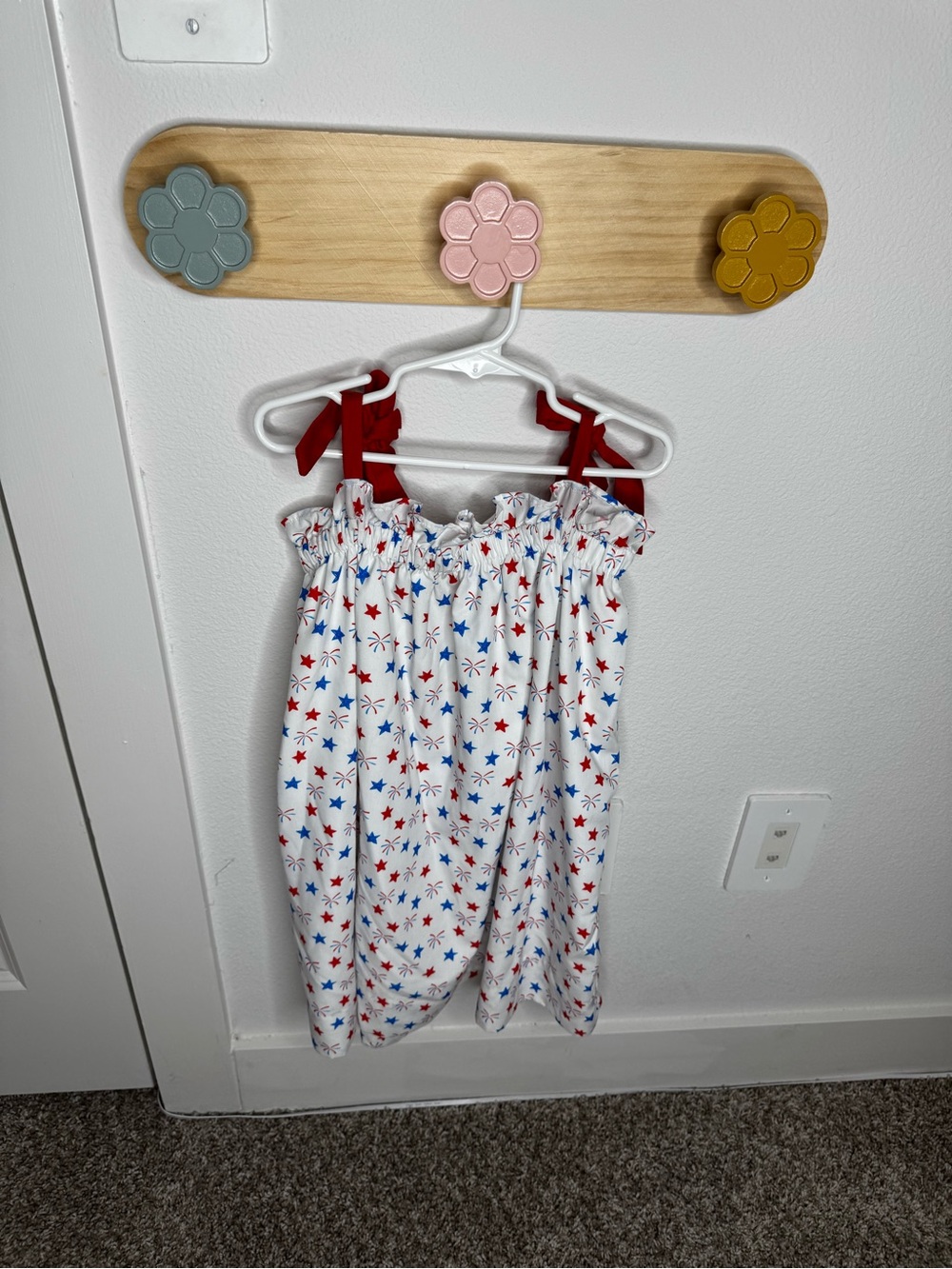 Girls White Star-Print Smocked Romper with Red Straps
